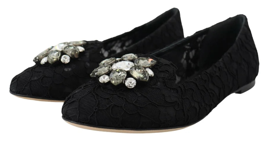 Dolce &amp; Gabbana Black Taormina Lace Crystals Flats Shoes