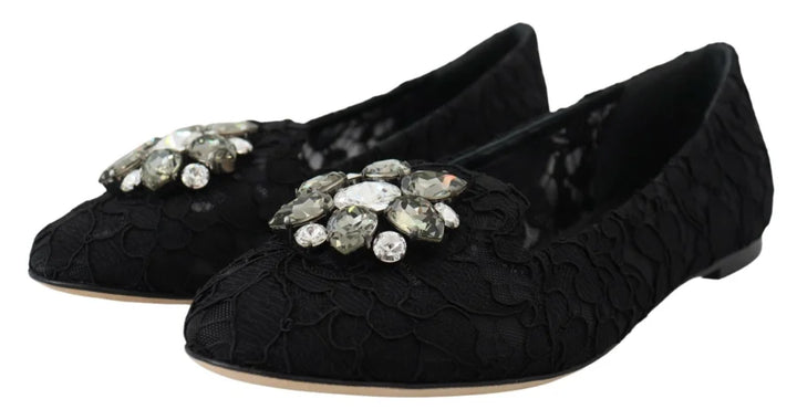 Dolce &amp; Gabbana Black Taormina Lace Crystals Flats Shoes