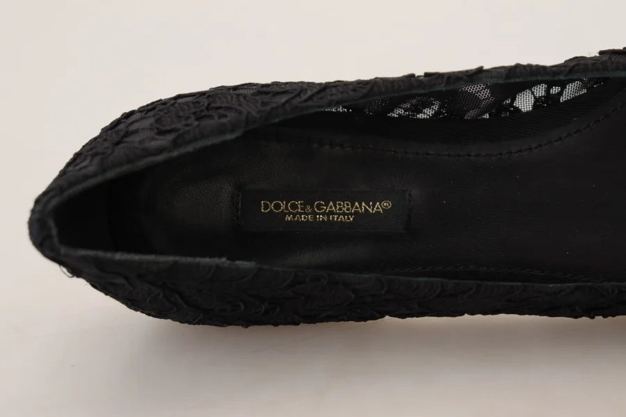 Dolce &amp; Gabbana Black Taormina Lace Crystals Flats Shoes