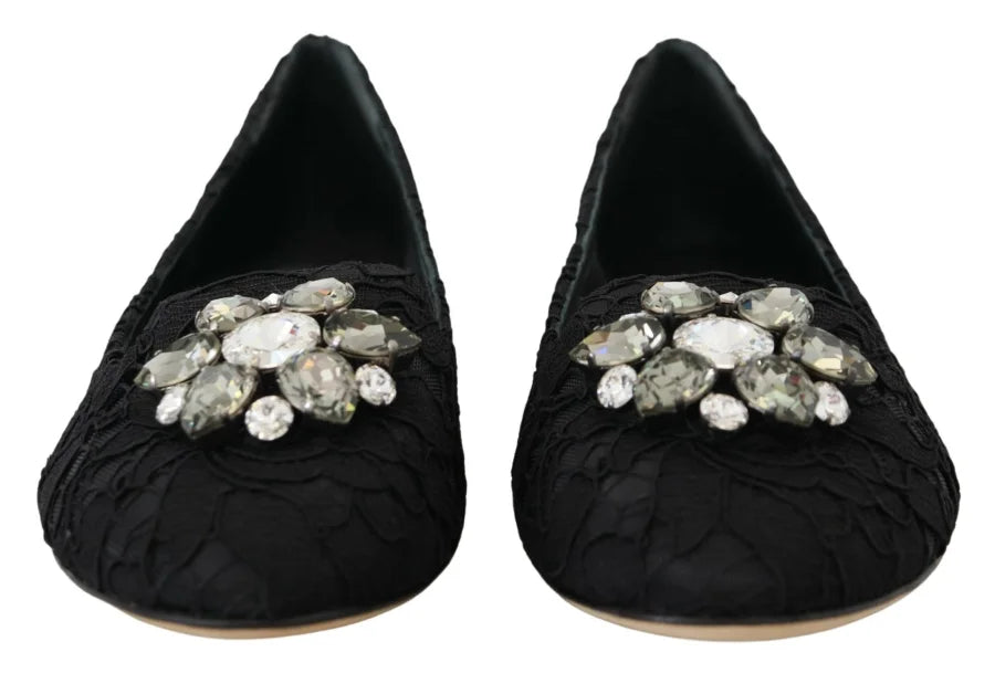 Dolce &amp; Gabbana Black Taormina Lace Crystals Flats Shoes
