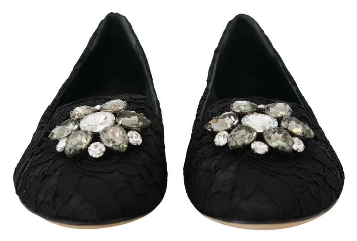 Dolce &amp; Gabbana Black Taormina Lace Crystals Flats Shoes