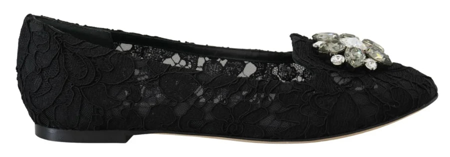 Dolce &amp; Gabbana Black Taormina Lace Crystals Flats Shoes