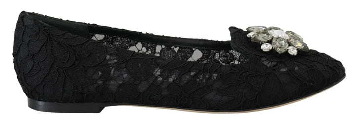 Dolce &amp; Gabbana Black Taormina Lace Crystals Flats Shoes