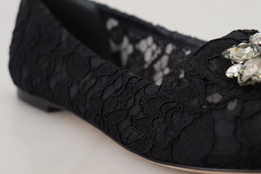 Dolce &amp; Gabbana Black Taormina Lace Crystals Flats Shoes