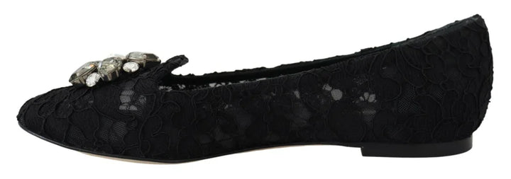 Dolce &amp; Gabbana Black Taormina Lace Crystals Flats Shoes
