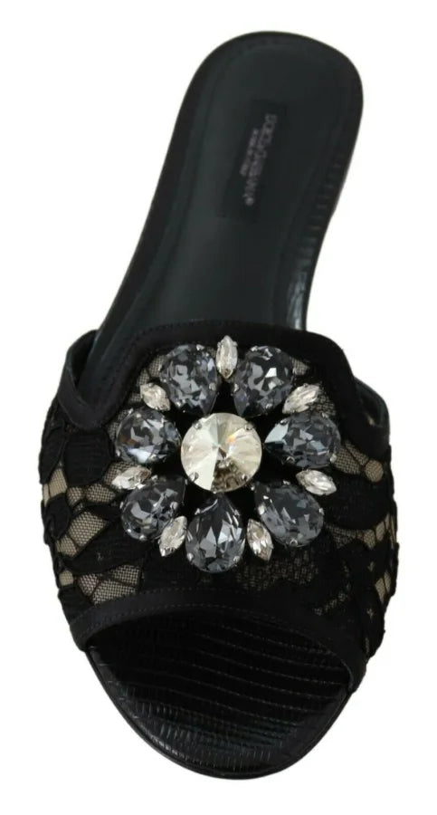 Dolce &amp; Gabbana Black Taormina Lace Slides Crystals Flats Shoes