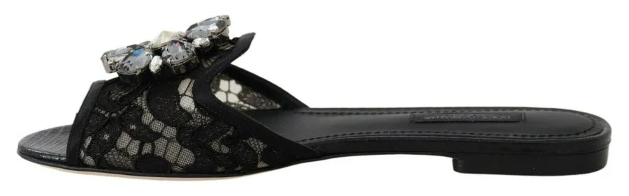Dolce &amp; Gabbana Black Taormina Lace Slides Crystals Flats Shoes