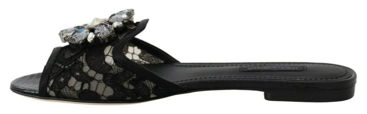 Dolce &amp; Gabbana Black Taormina Lace Slides Crystals Flats Shoes