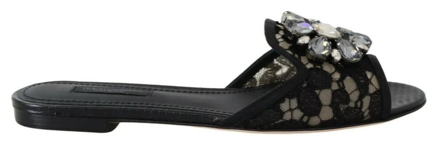 Dolce &amp; Gabbana Black Taormina Lace Slides Crystals Flats Shoes