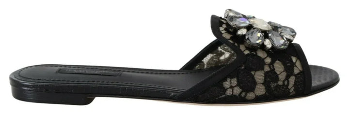 Dolce &amp; Gabbana Black Taormina Lace Slides Crystals Flats Shoes