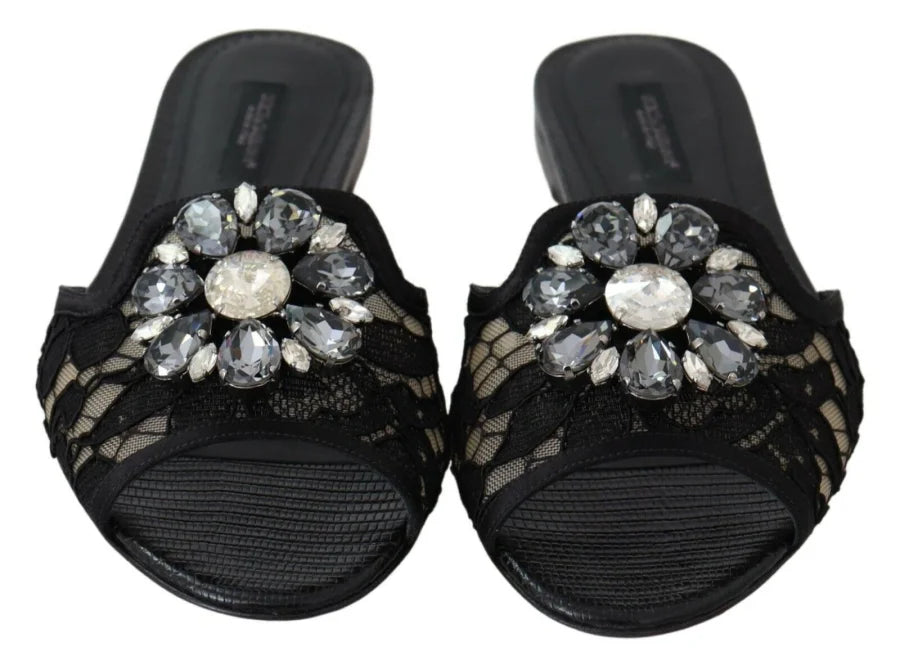 Dolce &amp; Gabbana Black Taormina Lace Slides Crystals Flats Shoes