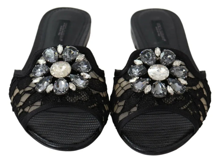 Dolce &amp; Gabbana Black Taormina Lace Slides Crystals Flats Shoes