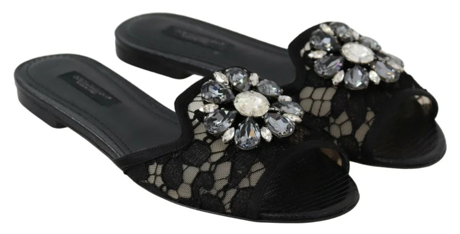 Dolce &amp; Gabbana Black Taormina Lace Slides Crystals Flats Shoes