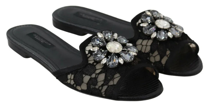 Dolce &amp; Gabbana Black Taormina Lace Slides Crystals Flats Shoes