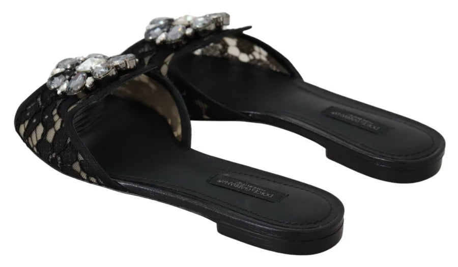 Dolce &amp; Gabbana Black Taormina Lace Slides Crystals Flats Shoes