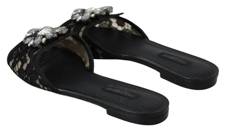 Dolce &amp; Gabbana Black Taormina Lace Slides Crystals Flats Shoes