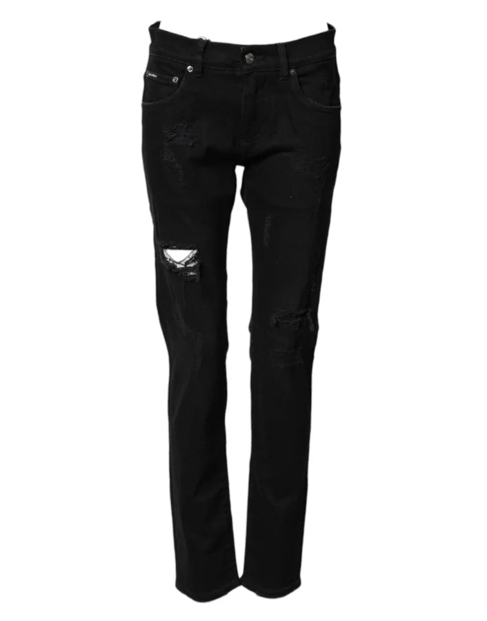Dolce &amp; Gabbana Black Tattered Cotton Men Skinny Denim Jeans