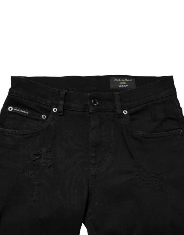 Dolce &amp; Gabbana Black Tattered Cotton Men Skinny Denim Jeans