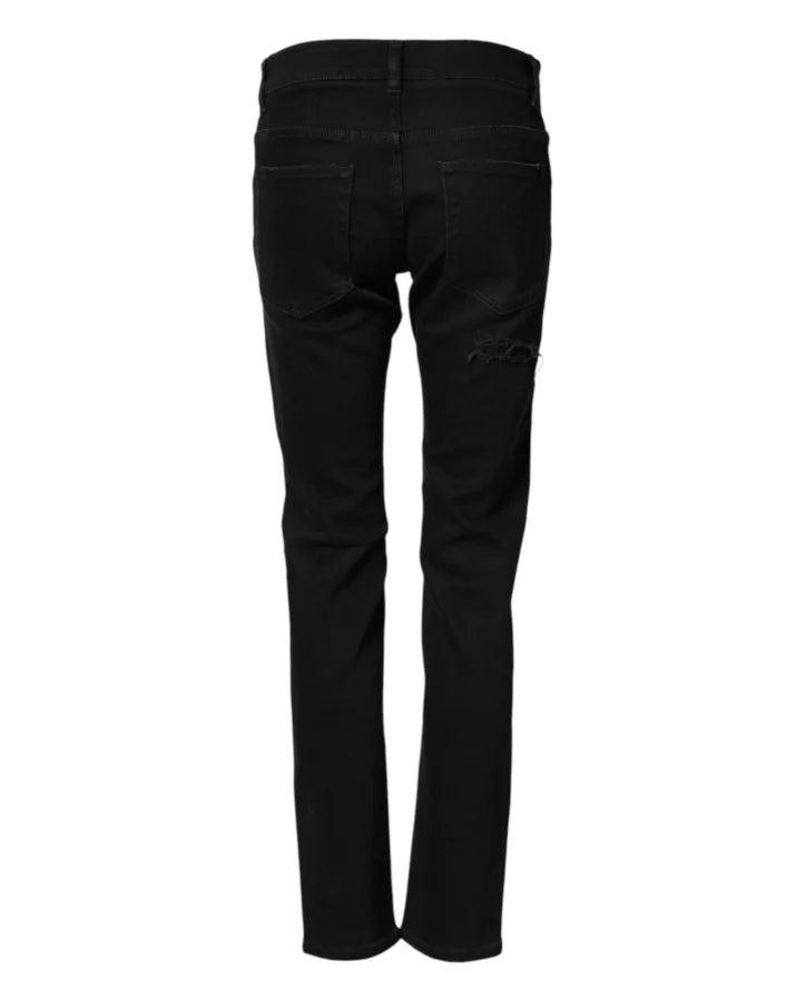 Dolce &amp; Gabbana Black Tattered Cotton Men Skinny Denim Jeans