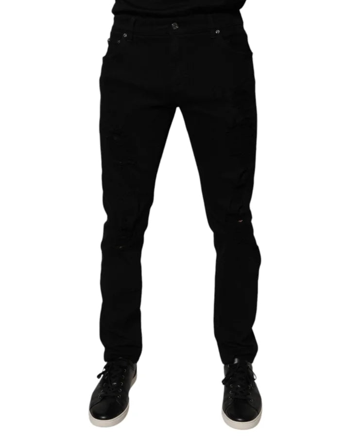 Dolce &amp; Gabbana Black Tattered Cotton Skinny Men Denim Jeans