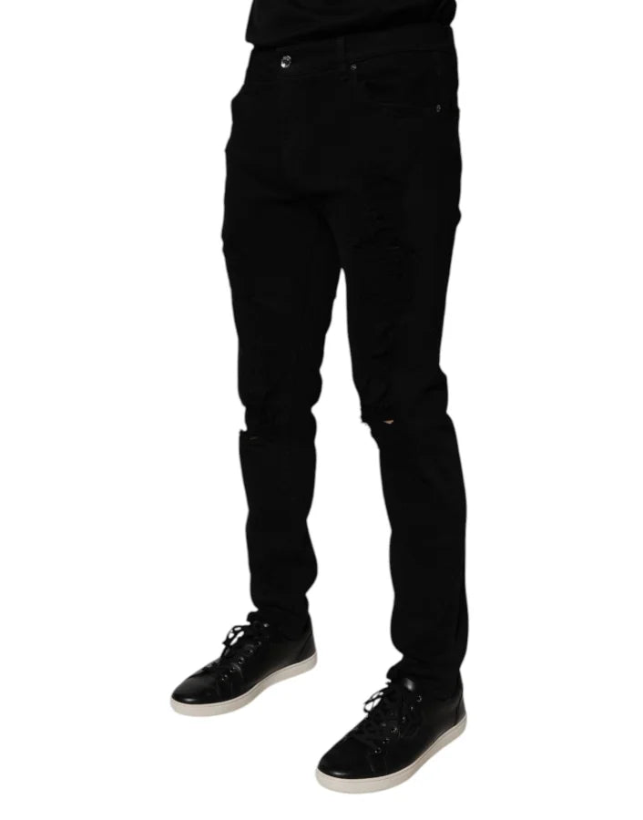 Dolce &amp; Gabbana Black Tattered Cotton Skinny Men Denim Jeans