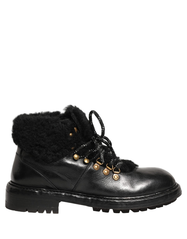 Dolce &amp; Gabbana Black Trekking Fur Lace Leather Boots Shoes