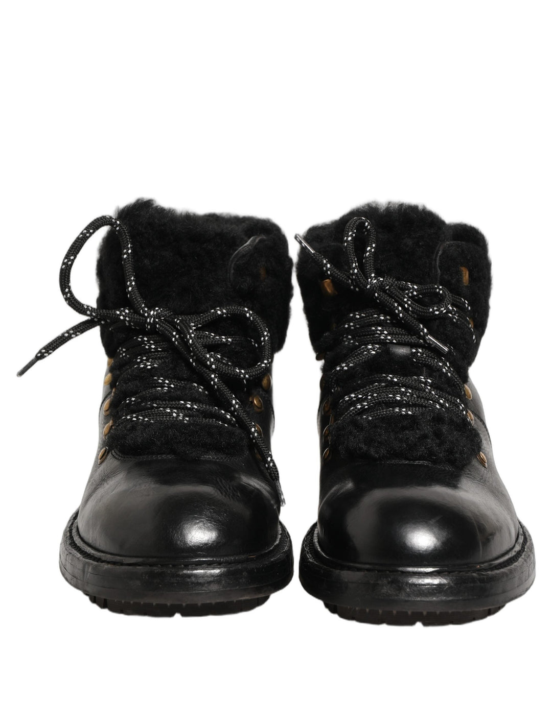 Dolce &amp; Gabbana Black Trekking Fur Lace Leather Boots Shoes