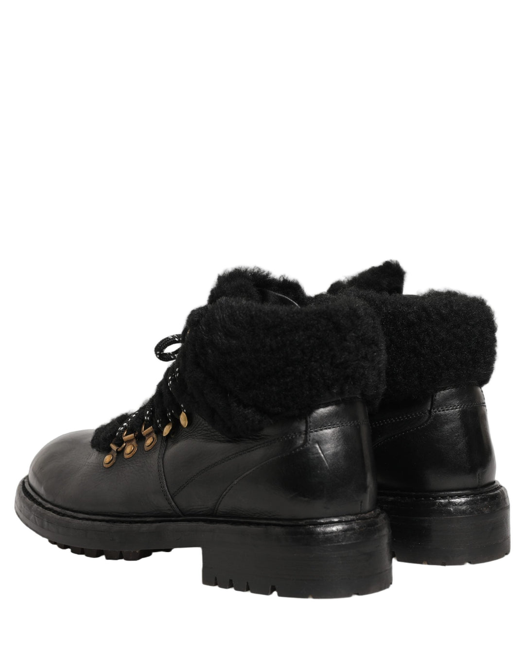 Dolce &amp; Gabbana Black Trekking Fur Lace Leather Boots Shoes