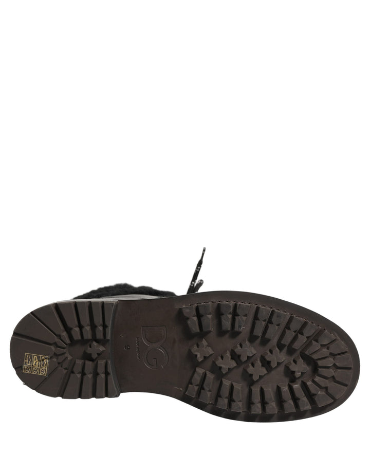 Dolce &amp; Gabbana Black Trekking Fur Lace Leather Boots Shoes