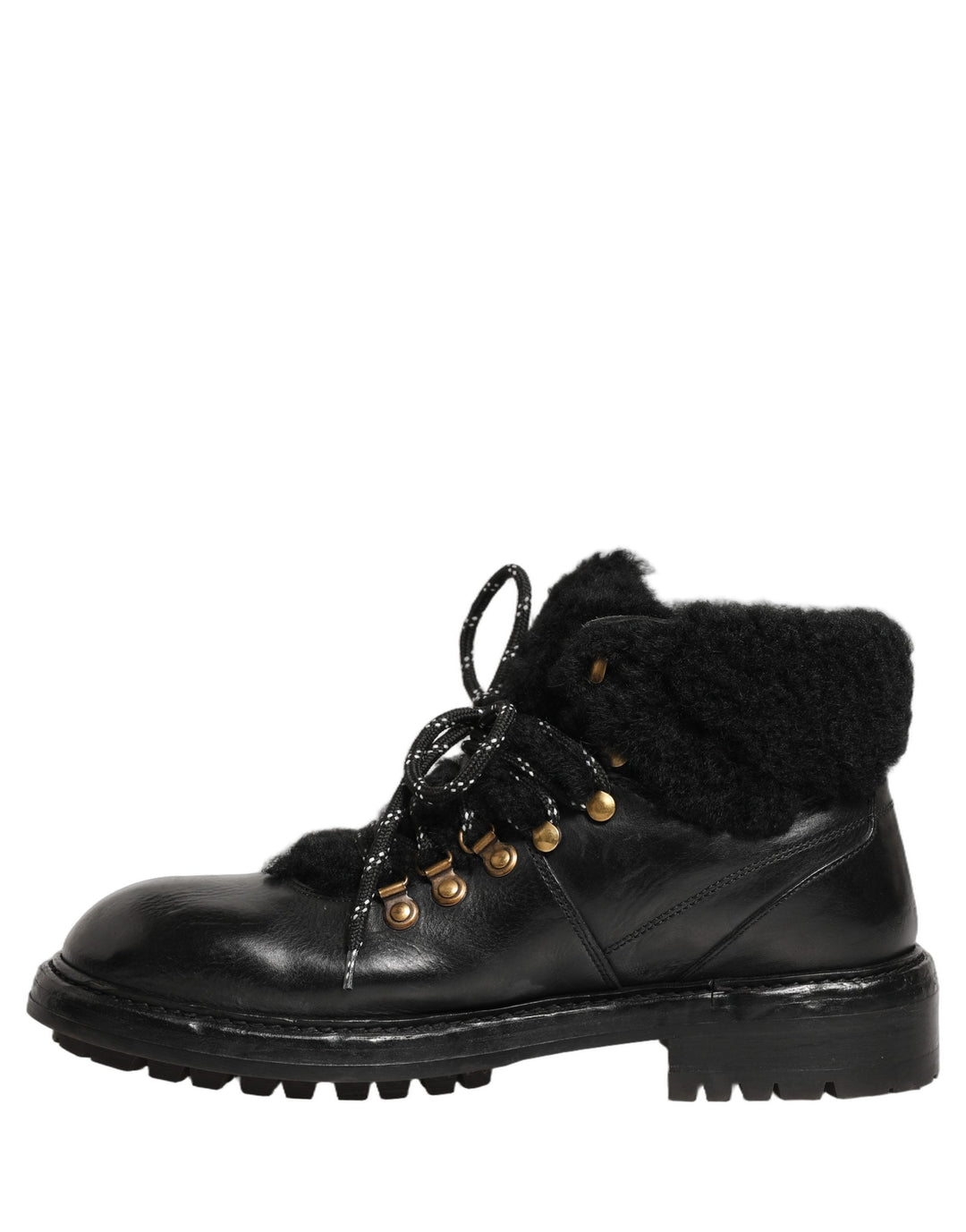 Dolce &amp; Gabbana Black Trekking Fur Lace Leather Boots Shoes