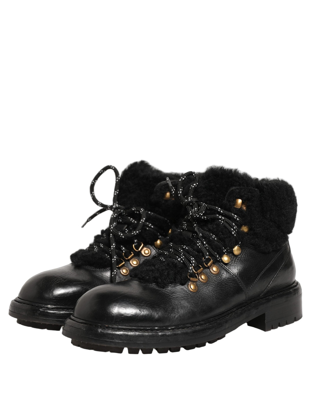 Dolce &amp; Gabbana Black Trekking Fur Lace Leather Boots Shoes