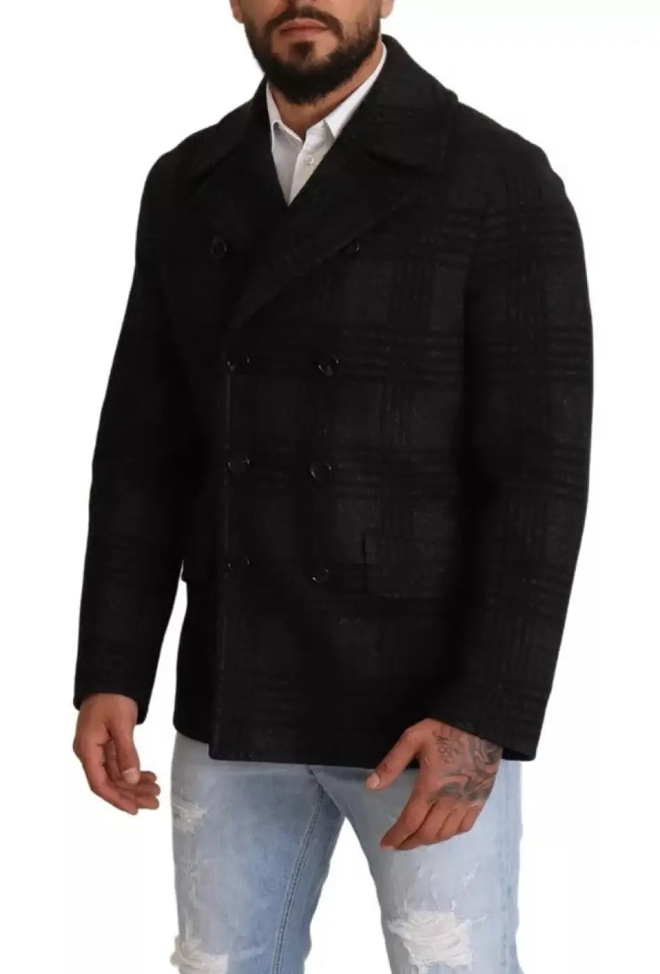 Dolce &amp; Gabbana Black Trench Coat Check Wool Jacket