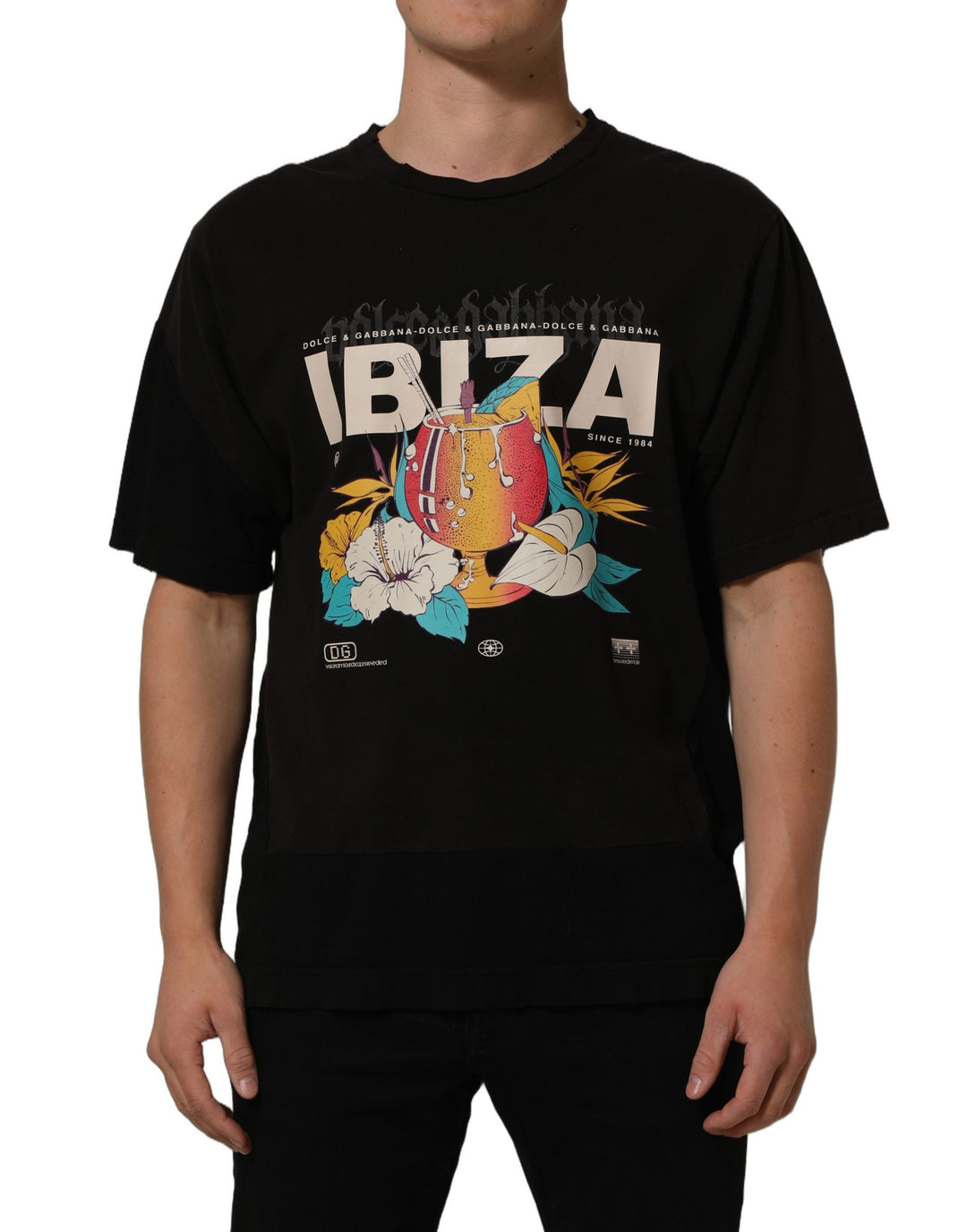 Dolce &amp; Gabbana Black Tropical ?Ibiza’ Men Crew Neck T-shirt