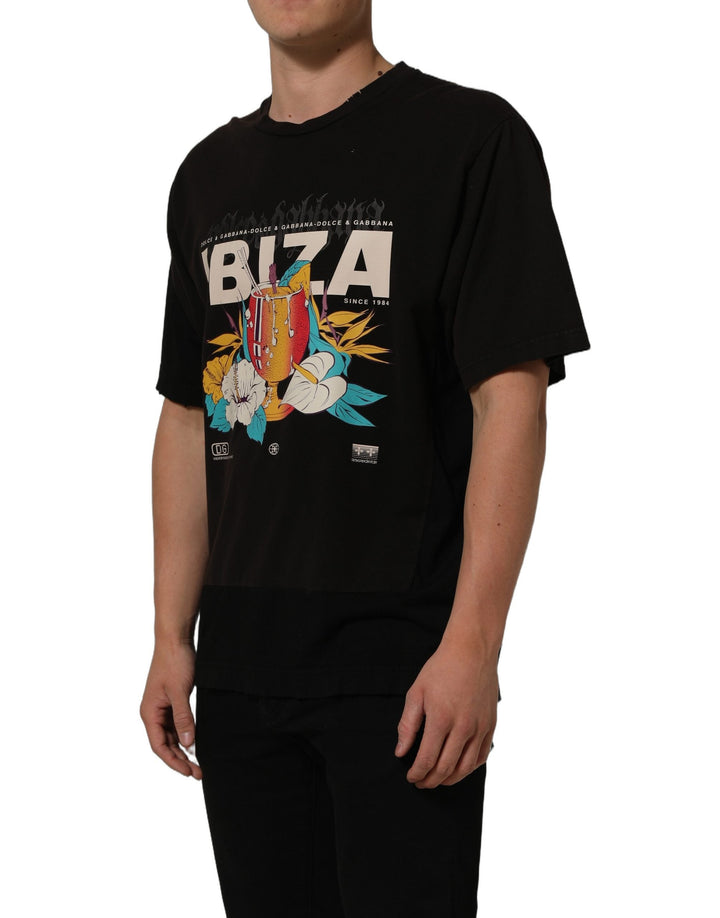 Dolce &amp; Gabbana Black Tropical ?Ibiza’ Men Crew Neck T-shirt