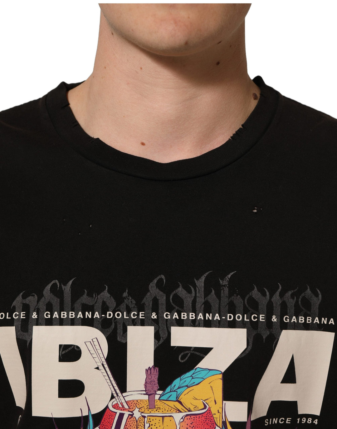 Dolce &amp; Gabbana Black Tropical ?Ibiza’ Men Crew Neck T-shirt
