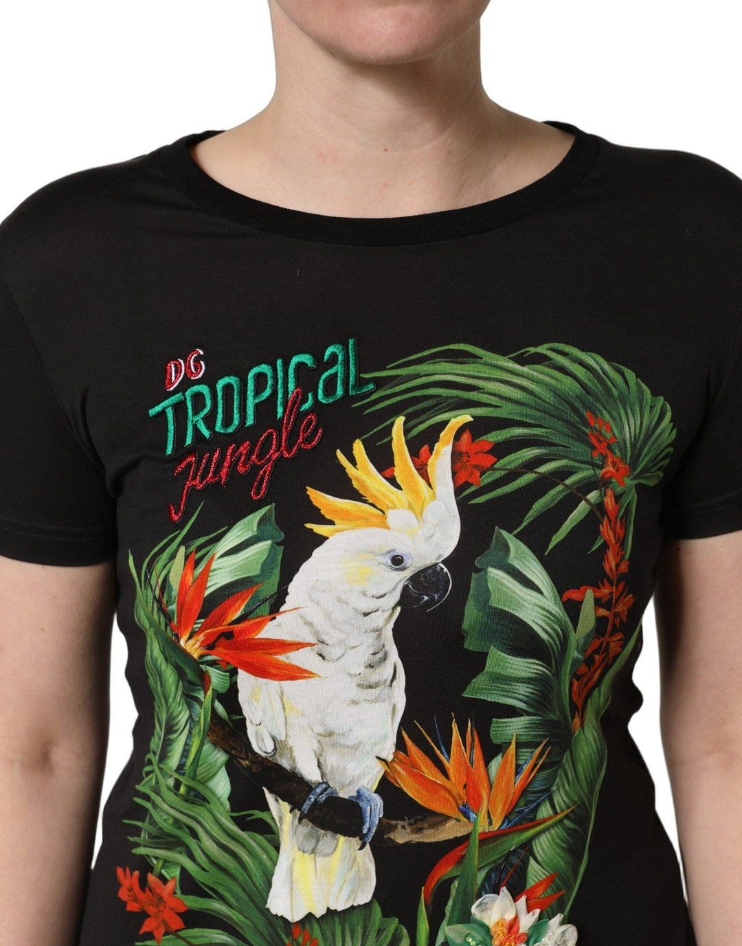 Dolce &amp; Gabbana T-Shirts - Black Tropical Print Cotton Round Neck T-Shirt