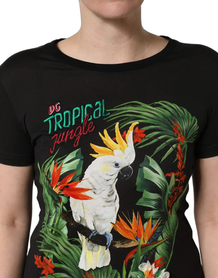 Dolce &amp; Gabbana Black Tropical Print Cotton Round Neck T-Shirt
