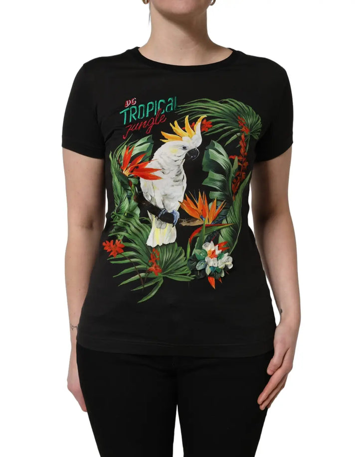 Dolce &amp; Gabbana Black Tropical Print Cotton Round Neck T-Shirt