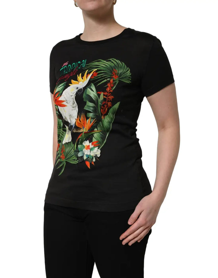 Dolce &amp; Gabbana Black Tropical Print Cotton Round Neck T-Shirt