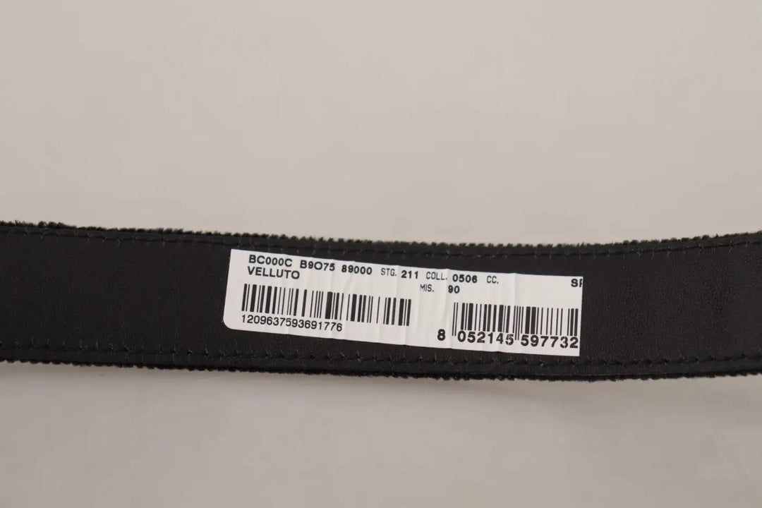 Dolce &amp; Gabbana Black Velvet Classic Logo Engraved Metal Belt