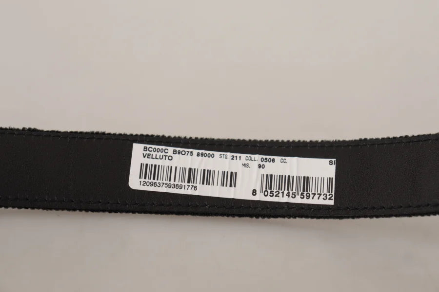 Dolce &amp; Gabbana Black Velvet Classic Logo Engraved Metal Belt