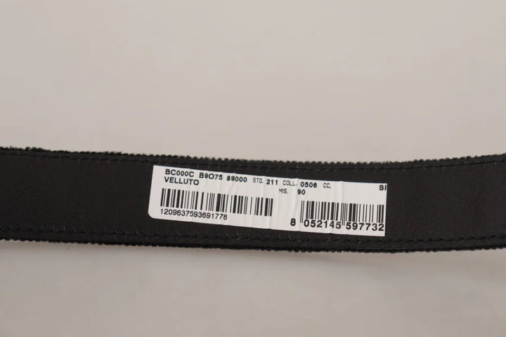 Dolce &amp; Gabbana Black Velvet Classic Logo Engraved Metal Belt