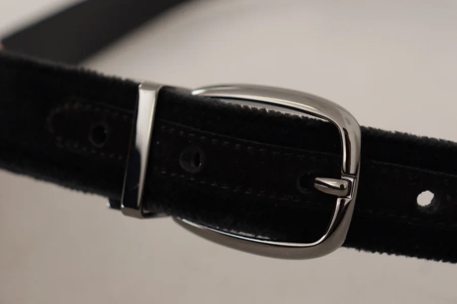 Dolce &amp; Gabbana Black Velvet Classic Logo Engraved Metal Belt