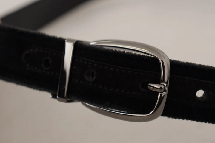 Dolce &amp; Gabbana Black Velvet Classic Logo Engraved Metal Belt