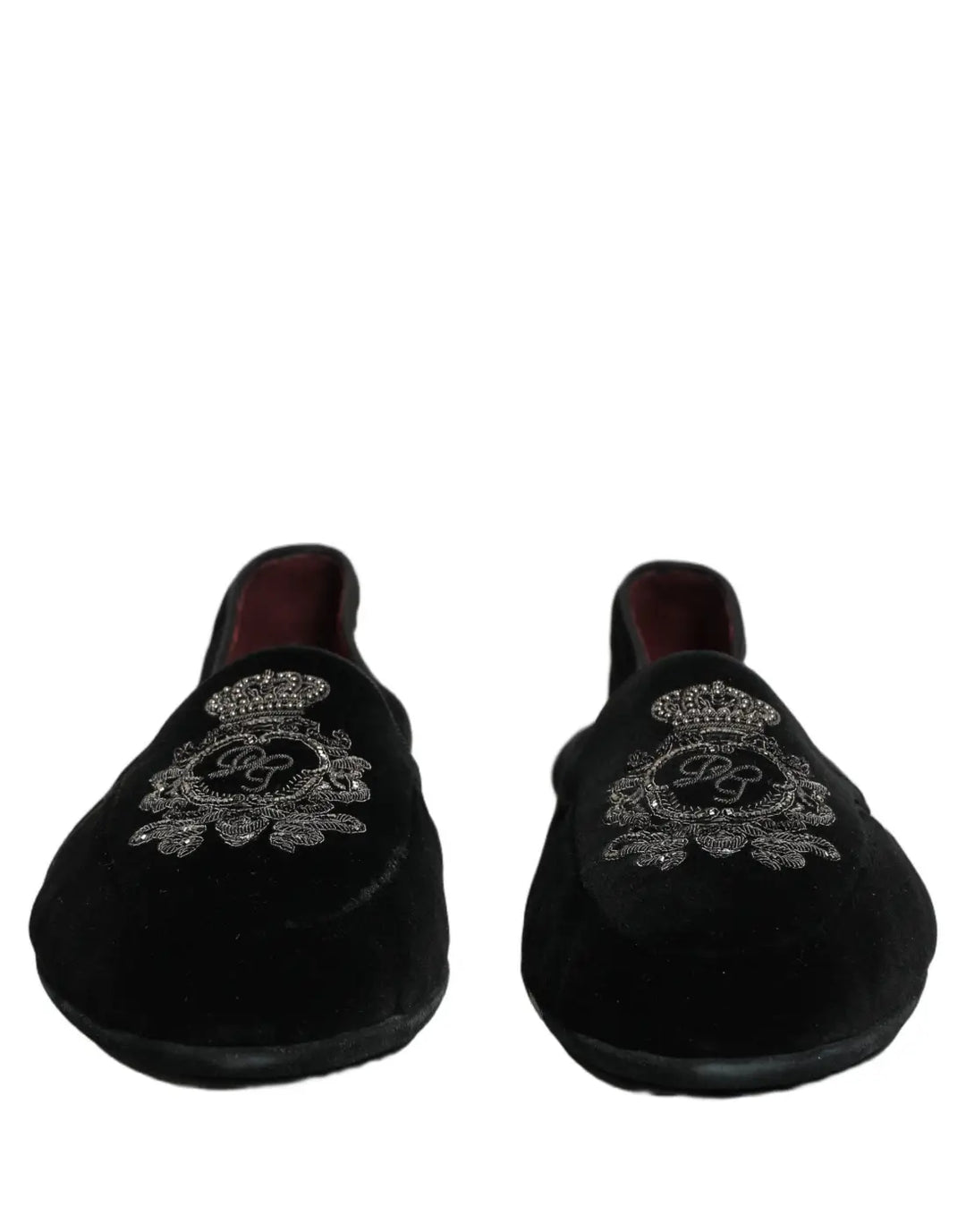 Dolce &amp; Gabbana Black Velvet Crown Embroidery Loafers Shoes