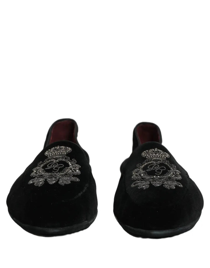 Dolce &amp; Gabbana Black Velvet Crown Embroidery Loafers Shoes