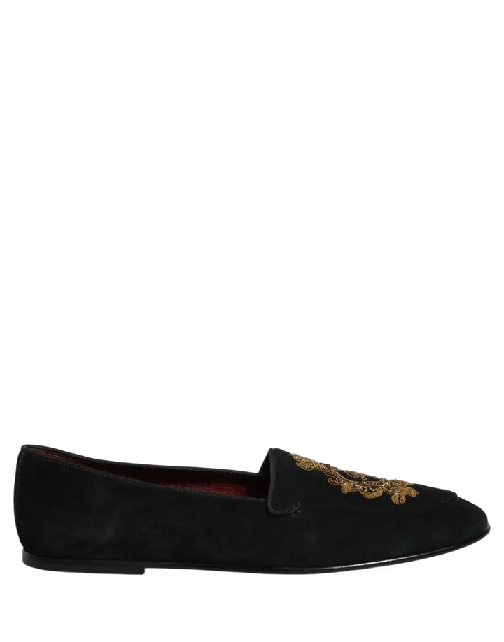 Dolce &amp; Gabbana Black Velvet Crown Embroidery Loafers Shoes