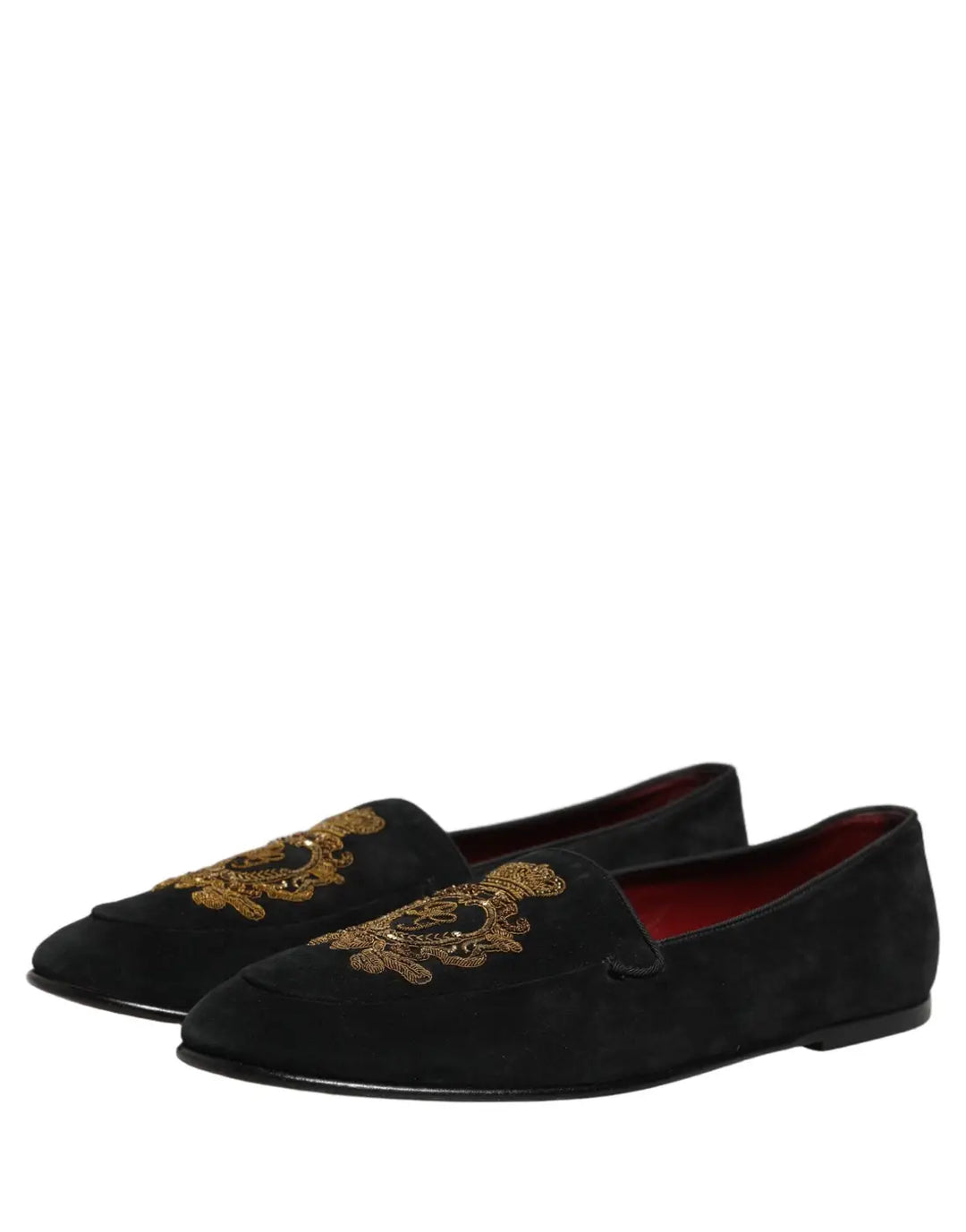 Dolce &amp; Gabbana Black Velvet Crown Embroidery Loafers Shoes