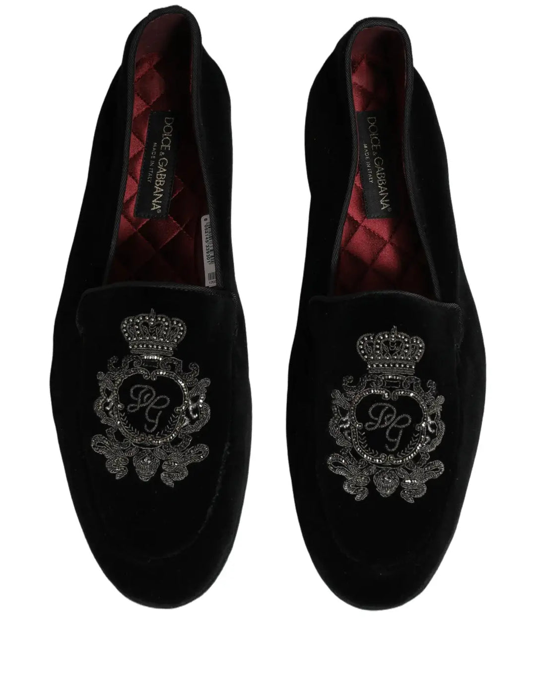 Dolce &amp; Gabbana Black Velvet Crown Embroidery Loafers Shoes