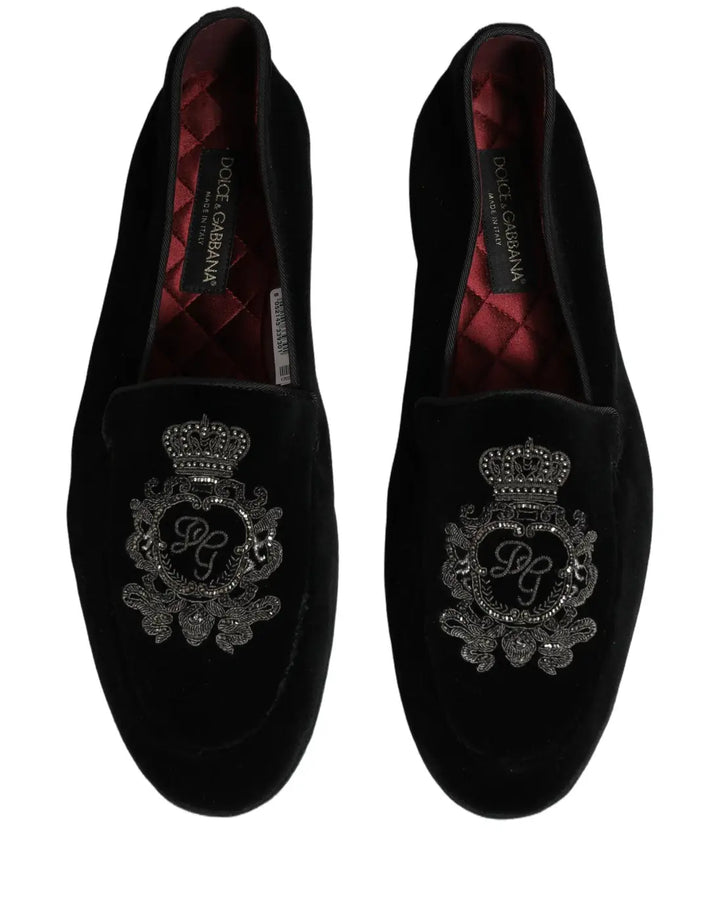 Dolce &amp; Gabbana Black Velvet Crown Embroidery Loafers Shoes